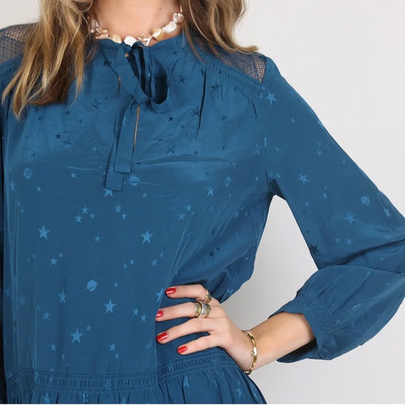 Zadig & Voltaire Teal Richie Jac Deluxe Dress with Subtle Star Galaxy Print LG - Picture 7 of 14